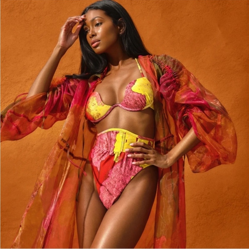 Vibrant Red and Yellow Bikini Set with Sheer Cover-Up